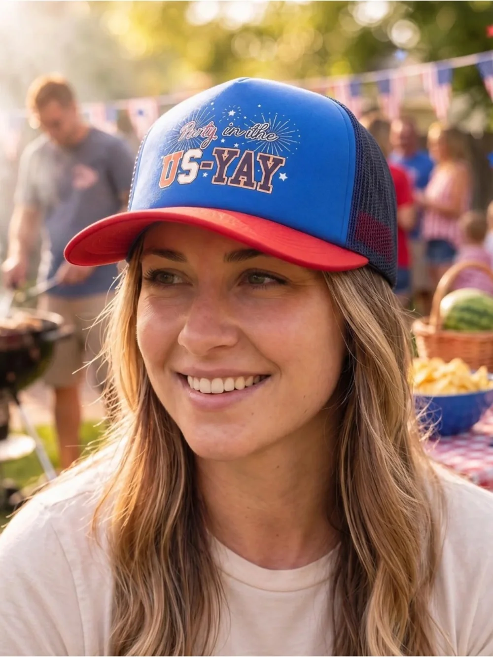 Party in the US-YAY' Red & Blue Trucker Hat With Lights